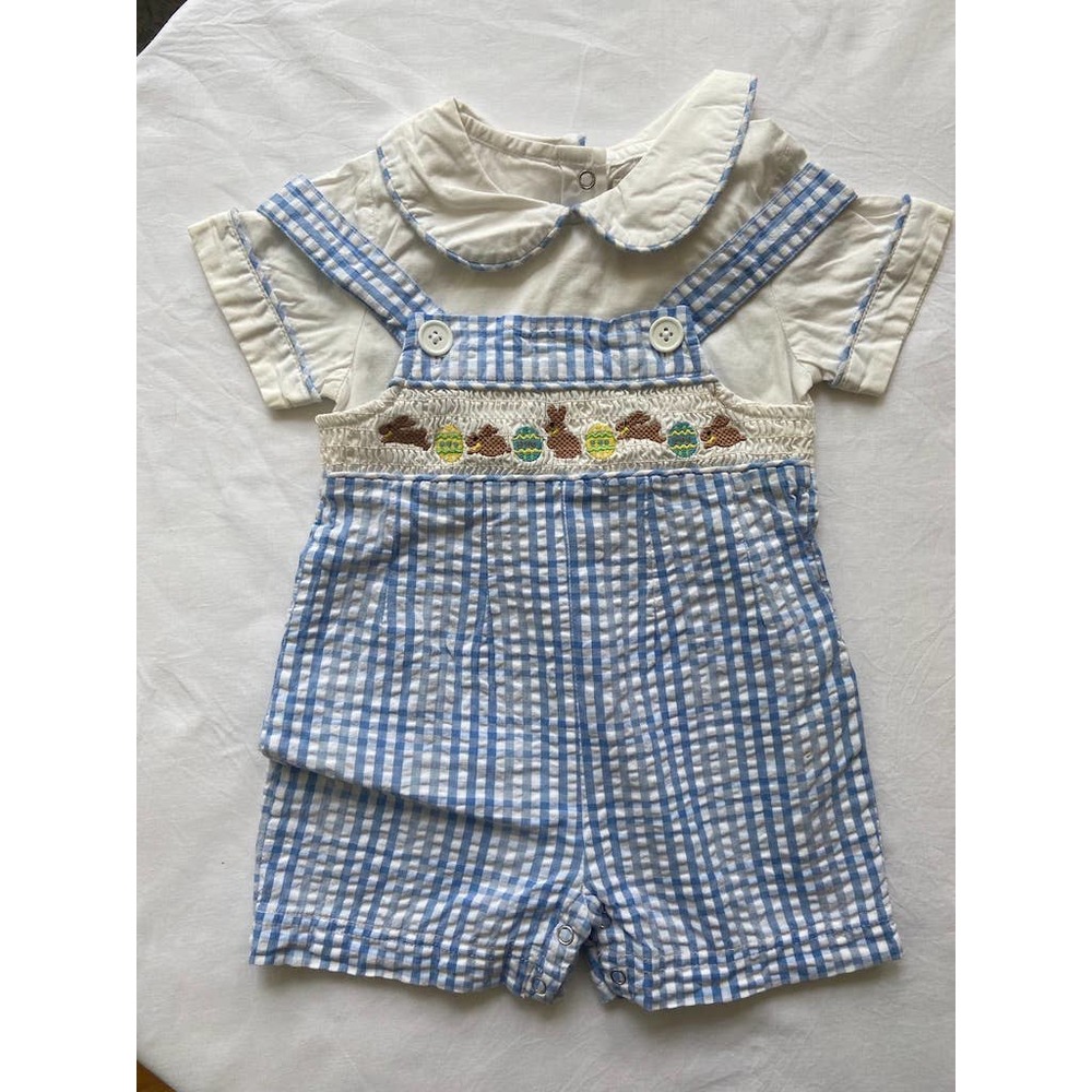 Boy's Toffee Apple Seersucker Overalls for Easter 9 Months